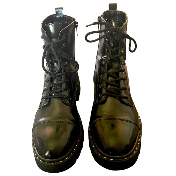 Black Lug Sole Ankle Boots Womens Lace Up Combat Style Side Zipper - Picture 1 of 8